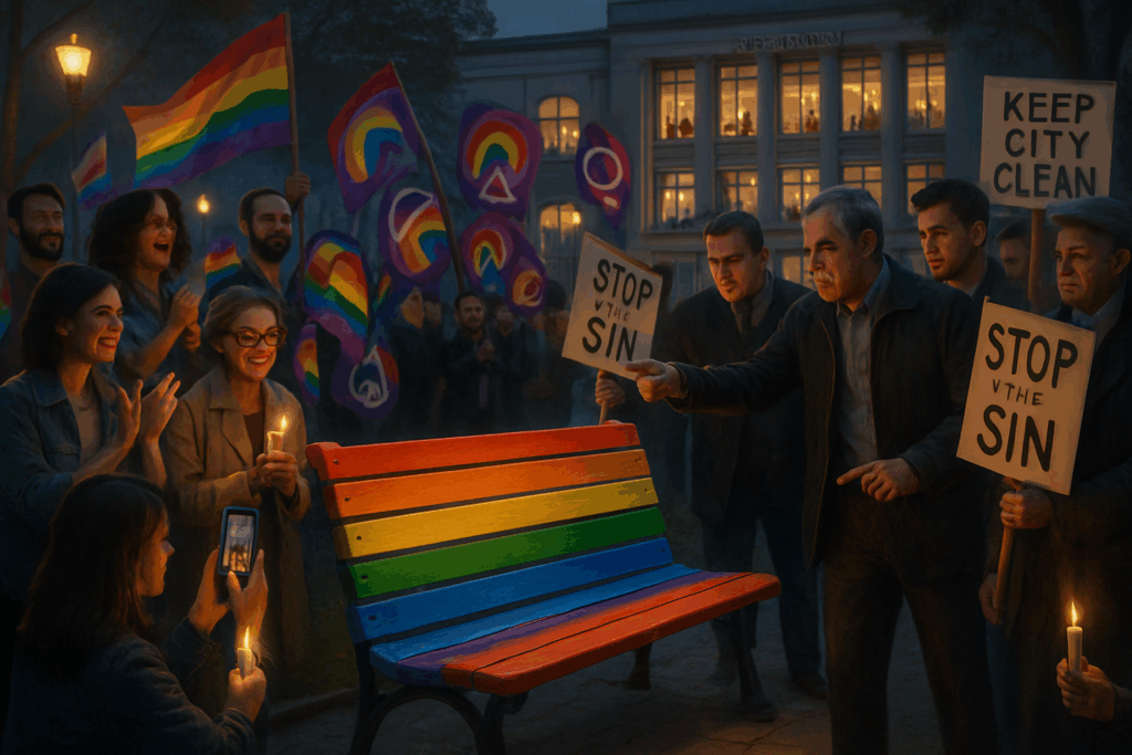 Regenbogenbank mit Nationalfarben übermalt – Grüne toben, Staatsschutz ermittelt!