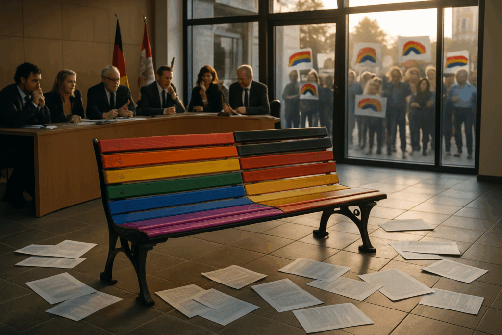 Regenbogenbank mit Nationalfarben übermalt – Grüne toben, Staatsschutz ermittelt!
