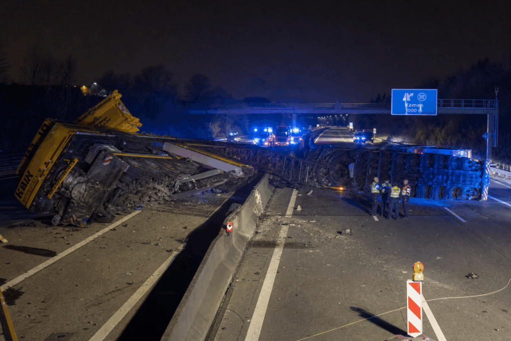 Schwerer Unfall: Schwertransporter kippt um – mehrere Verletzte und Vollsperrung