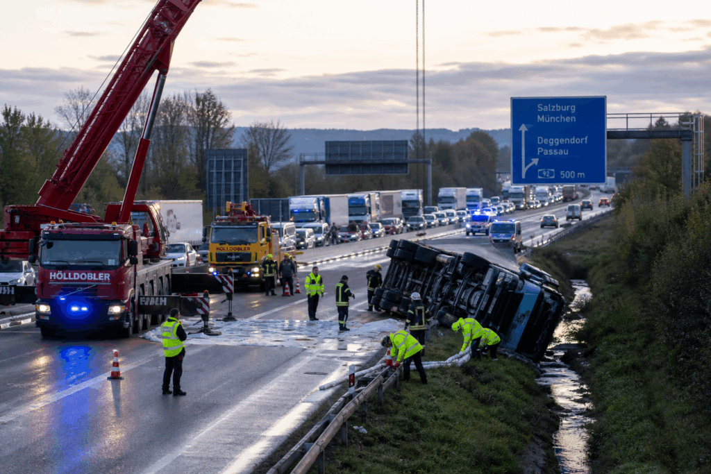 Schwerer Unfall: Schwertransporter kippt um – mehrere Verletzte und Vollsperrung